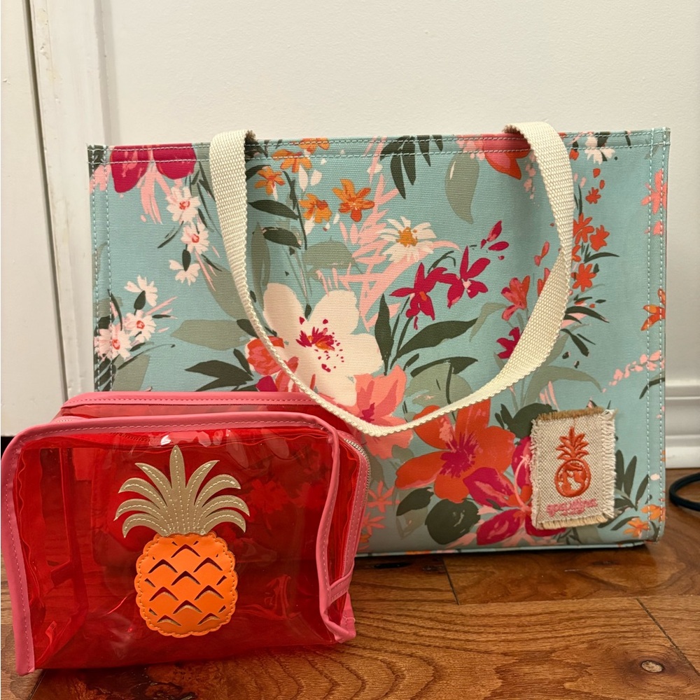 NWOT Spartina 449 tote bag in ‘landing sea foam’ with small pineapple makeup bag